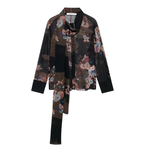 Women Vintage Floral Print Chiffon Blouse Long Sleeve Scarf Tie Neck Elegant Sheer Shirt Retro Button Up Tops