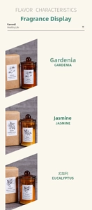 Macro shot of jasmine and gardenia scented soy candles in amber glass jars and gift boxes