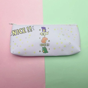 Close-up of cute cartoon dinosaur pattern and zipper on light purple stationery pencil case