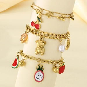 Charming 18K gold stainless steel bracelet with enamel fruit charms and white pearls