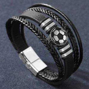 Fashionable multilayer black leather soccer bracelet with silver magnetic buckle closure