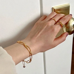 Minimalist S925 sterling silver gold-plated link bracelet and geometric ring set