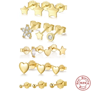 Heart Star Geometric Stud Earrings With 925 Sterling Silver Earring Post Zirconia Gold Plated Minimalist Tiny For Women