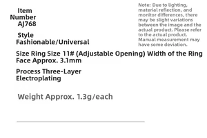 Detailed size and material specifications for adjustable gold plated enamel ring AJ768