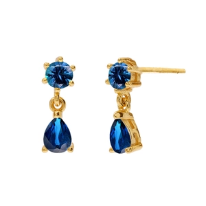 Macro detail of gold earrings featuring pear-shaped blue zircons and s925 silver needles