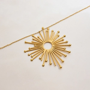 Gold stainless steel sunburst pendant necklace with radiant rays and beaded tips on thin chain
