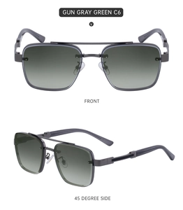 Macro shot of gunmetal square frame sunglasses with green lenses from front and side view