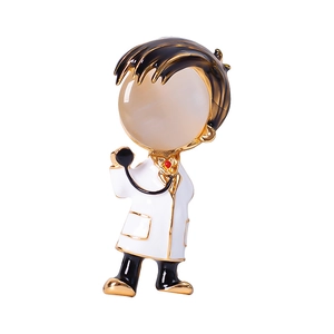 Cartoon doctor enamel brooch with opal stone and golden stethoscope for nurses