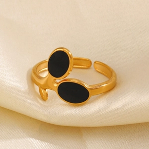 18K gold plated stainless steel open ring featuring black enamel leaf motifs on silk