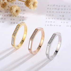 Women Stainless Steel Ring With Mother Of Artificial Pearl And Zircon Geometric Octagon Minimalist Fashion Jewelry