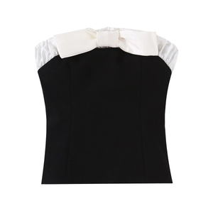 Women Strapless Tube Top Satin Large Bow Contrast Color Party Chic Polyester Back Zipper