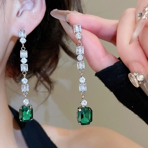 Elegant emerald-cut green crystal drop earrings with silver pins for women