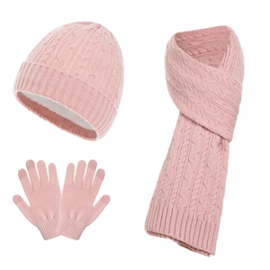 Pink winter knitted set including wool hat, long scarf and touch screen gloves
