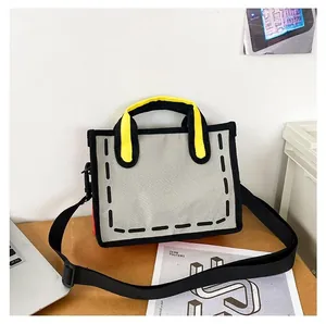 Detail of 2D comic style canvas tote bag with adjustable strap and yellow handles