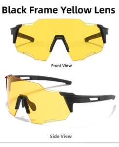 Front and side views of black matte cycling glasses with high-contrast yellow lenses