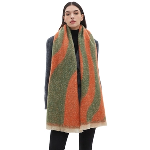 Soft thick long scarf with orange and green wave pattern and decorative fringe