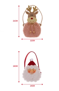 Detailed size comparison of plush reindeer and Santa felt gift bags for Christmas