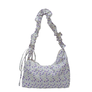 Floral print shoulder bag with purple flowers and pleated cloud handle for women