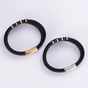 Men's multilayer braided leather bracelets with gold and silver magnetic metal clasps