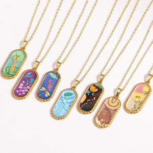 Vintage Pendant Necklace 14K Gold Plated Brass Tarot Card Style Oval Square Enameled Floral Dragonfly Pattern Jewelry