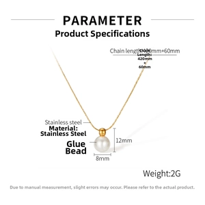 Close-up of minimalist gold pearl pendant with 420+60mm stainless steel chain detail