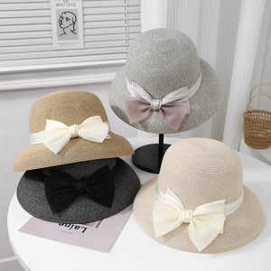 Women Straw Sun Hat Big Brim UV Protection Summer Beach Bucket Hat With Satin Ribbon Bow Breathable Foldable