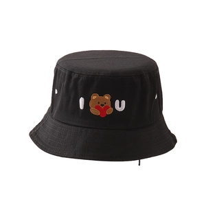 Kids black canvas sun hat featuring embroidered teddy bear with heart and I U letters