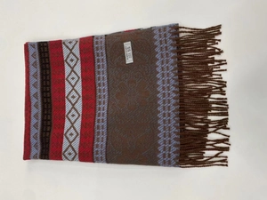 Detail view of ethnic striped knit scarf showing rich multi-color textures and long tassels