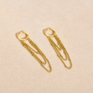 Elegant 18K gold-plated stainless steel hoop earrings with multi-layer bead chain tassels
