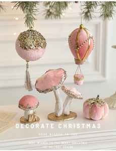 Velvet pink Christmas mushrooms and pumpkin ornaments with sparkling gold glitter details