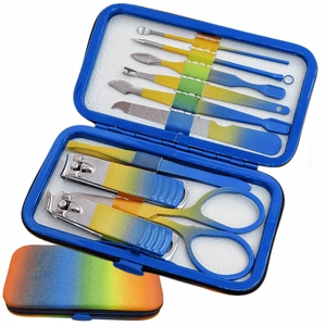 Rainbow gradient stainless steel 12-piece manicure set with portable storage case