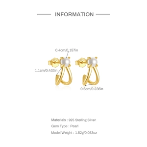 Detail of S925 sterling silver cross curve earrings with round pearl and S925 hallmark