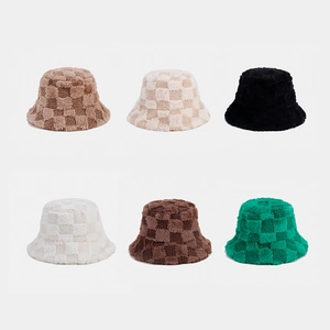 Plush Checkerboard Bucket Hat Faux Fur Warm Winter Fisherman Cap Retro Vintage Outdoor Soft Thick For Women Men