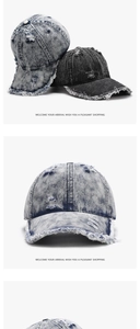 Detail of distressed denim baseball cap featuring vintage frayed edges and washed texture