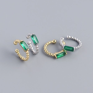 925 Sterling Silver Ear Cuff Emerald Green Zircon Non Piercing Beaded Texture Minimalist Jewelry For Women