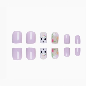 Easter rabbit and floral themed light purple press-on nails set with glossy finish