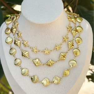18k gold-plated stainless steel multi-layer necklace with sea shells and starfish