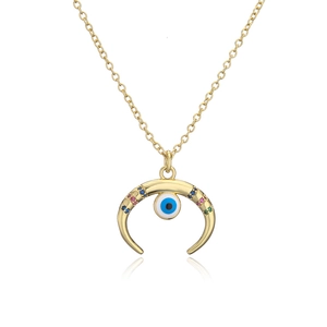 18K gold plated copper necklace featuring a crescent moon and colorful zircon evil eye pendant