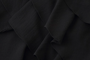 Macro shot of black tiered ruffle fabric showing fine texture and draped crepe detail