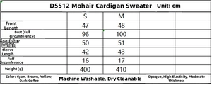 Size chart for mohair cardigan sweater with detailed measurements and care info
