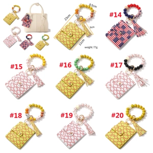 Silicone bead keychain bracelet set with PU leather wallet and sports ball tassel charms