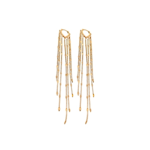 Golden metallic sequin chain tassel earrings featuring a minimalist drop design on white