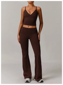 Detail of dark brown V-neck yoga tank top and high-waisted flared leggings set