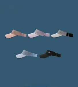Detailed view of colorful open-top sun visors with adjustable straps in five pastel shades
