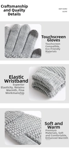 Detail view of grey knit touchscreen gloves featuring elastic ribbed cuffs and textured fabric