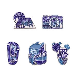 5-piece outdoor exploration enamel pin set with tent camera and backpack designs