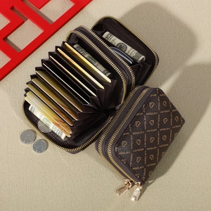 Dark brown double zipper wallet with heart pattern and accordion card slots for women