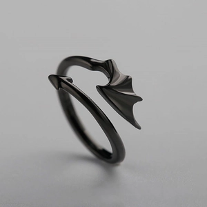 Gothic adjustable devil wing ring in matte black finish with demon tail design