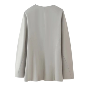 Back view of light grey women's tailored blazer with a slim fit minimalist design