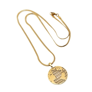Gold stainless steel necklace with a hollow world map globe pendant on a snake chain
